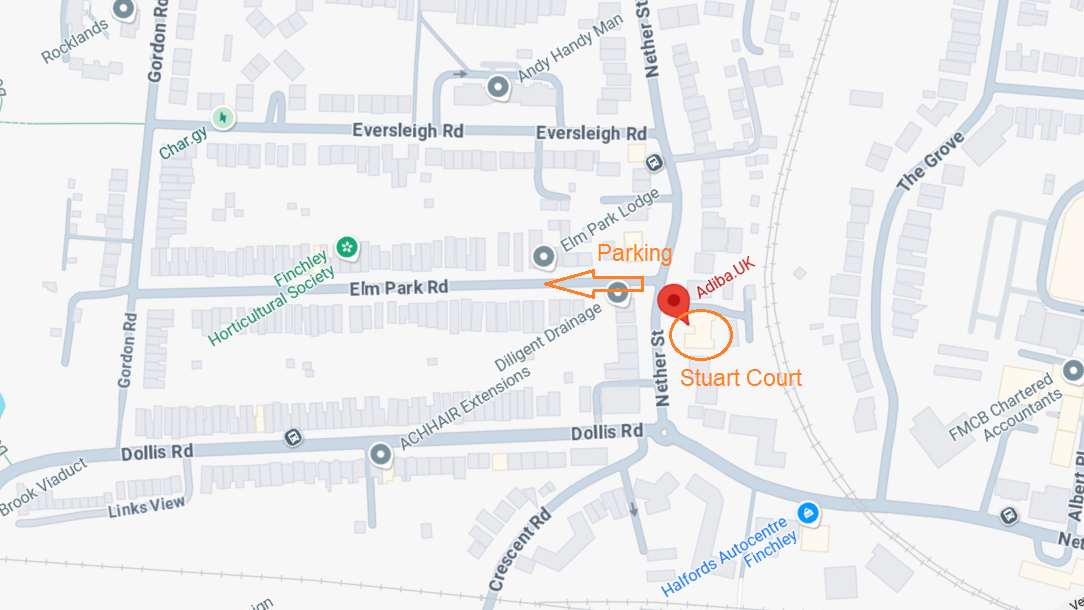 Map showing the location of Adiba Hair Studio at Stuart Court, 381–383 Nether Street, Finchley, London N3 1JP, near Finchley Central Station.