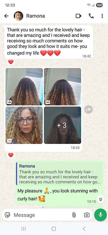 WhatsApp message from a happy client thanking Adiba for her lovely hair transformation, with photos showing her voluminous curly hair results.