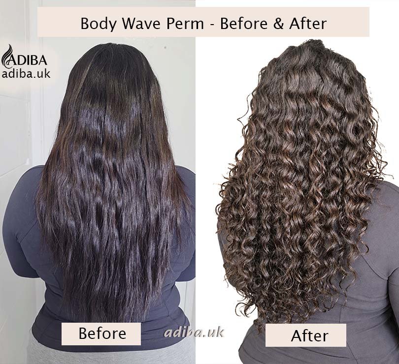 Body wave perm before and after on long dark hair, showing straighter hair transformed into soft, defined waves and curls.