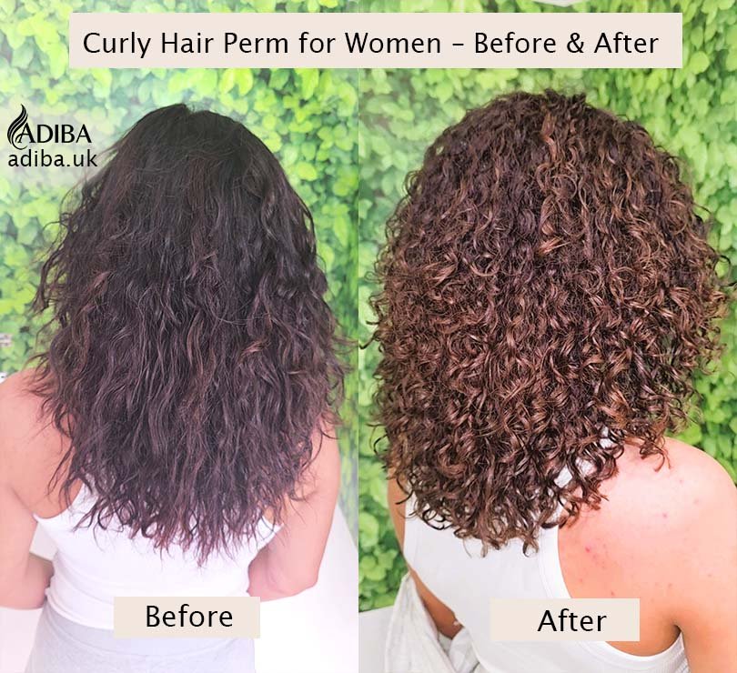 Curly hair perm before and after for women in London, showing medium-length wavy hair transformed into defined, bouncy curls.