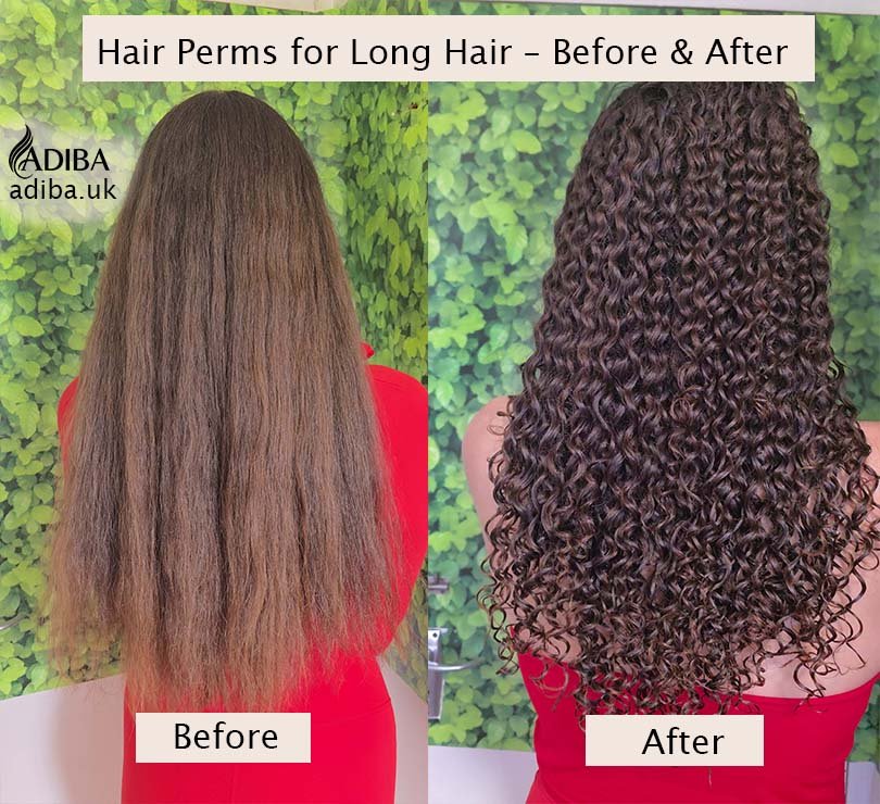 Hair perm before and after for long hair in London, showing straight hair transformed into defined, bouncy spiral curls.