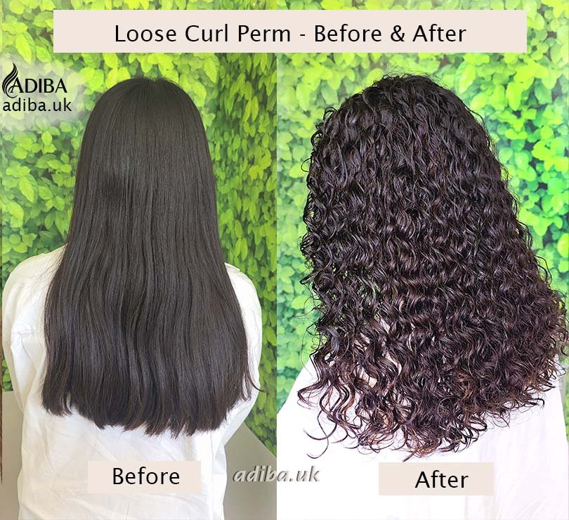 Loose curl perm before and after on long dark hair in London, showing straight hair transformed into soft, defined curls.