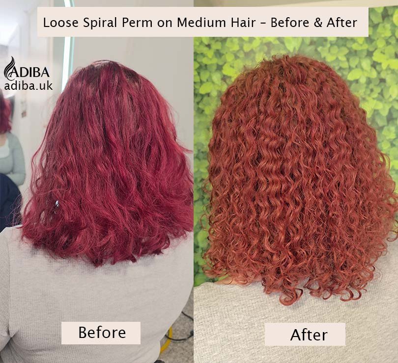 Loose spiral perm before and after on medium-length red hair in London, showing natural waves transformed into soft, defined spiral curls.