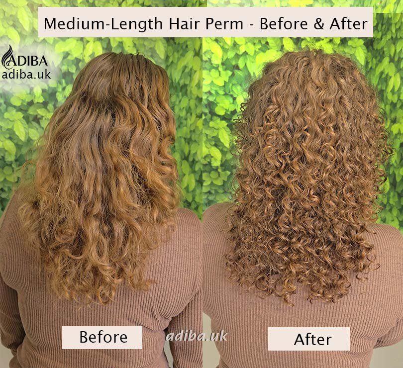 Medium-length hair perm before and after in London, showing loose waves transformed into defined, bouncy curls.