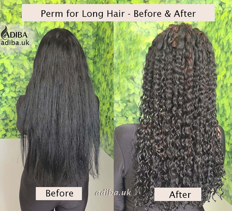 Perm for long hair before and after in London, showing straight dark hair transformed into long, defined spiral curls.