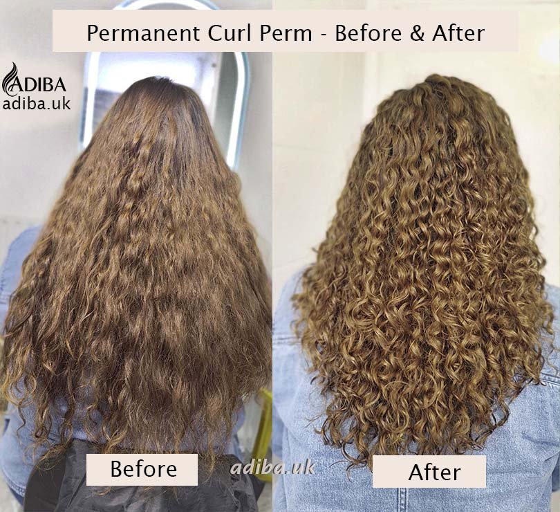 Permanent curl perm before and after on long hair, showing frizzy waves transformed into more even, defined curls.