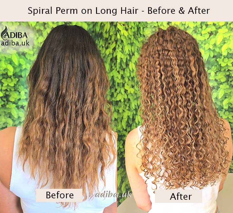 Before-and-after transformation of a spiral perm on long hair, showing straight wavy hair before and defined spiral curls after.