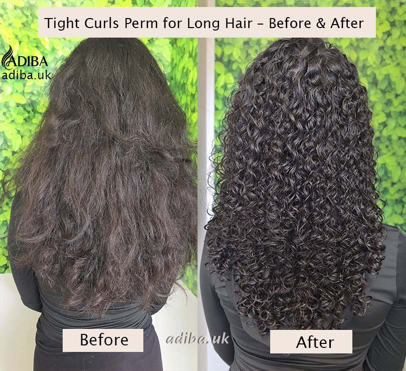 Tight curls perm before and after on long dark hair, showing loose natural texture transformed into defined, bouncy curls.
