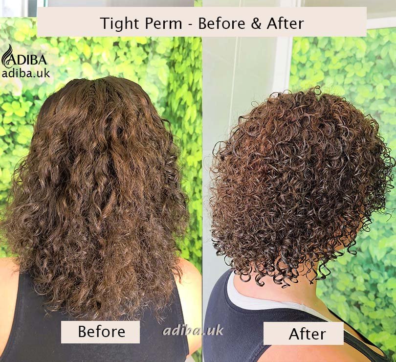 Tight perm before and after on medium-length hair in London, showing looser natural curls transformed into short, defined ringlets.