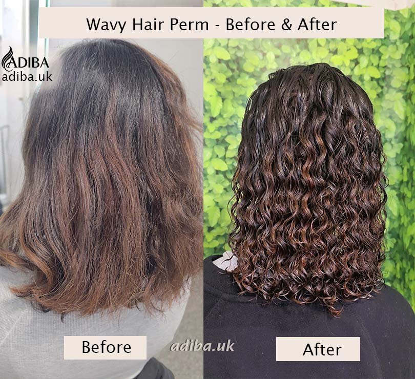 Wavy hair perm before and after on medium-length dark hair in London, showing straighter hair transformed into soft, defined waves and curls.