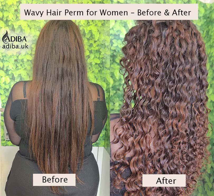 Wavy hair perm before and after for women in London, showing long straight brown hair transformed into soft, defined waves and curls.