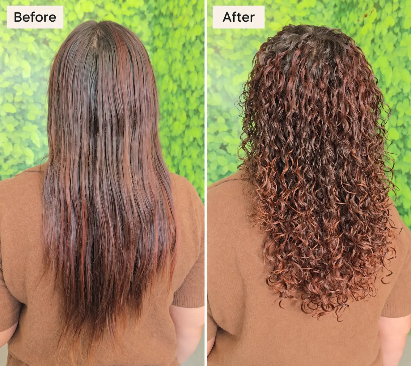 Before and after perm on long hair: straight hair transformed into soft curls